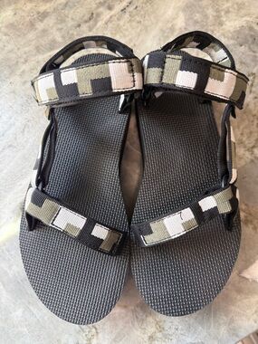 Teva Black Sandals with Olive and White Patterned Straps